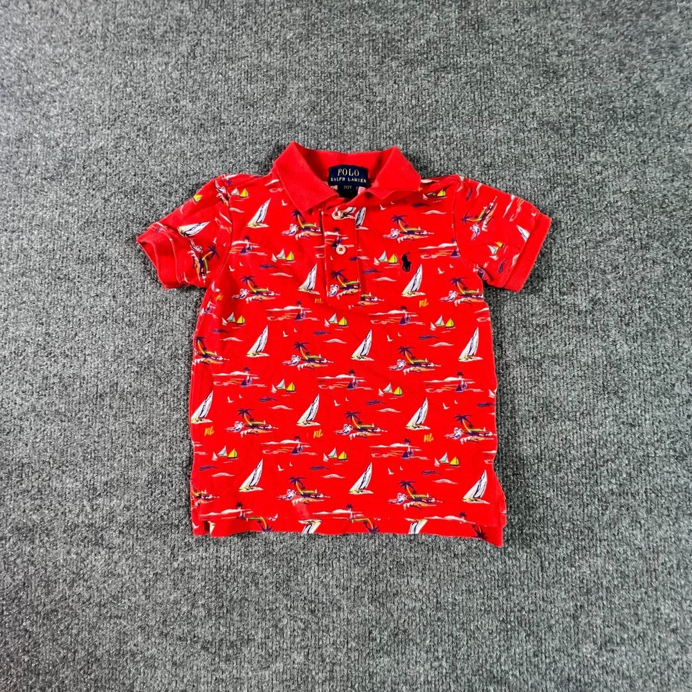 Polo Ralph Lauren Polo Shirt Toddler Boys 2T Red Sailboat Palm Tree Short Sleeve